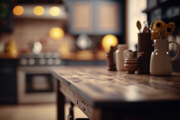 Fototapeta na wymiar Rustic wooden table, minimalist, empty, fresh ingredients, domestic kitchen, blurred background - a serene space for preparing healthy meals. GENERATIVE AI