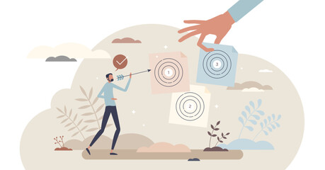 Personal goals choice and aim for future target success tiny person concept, transparent background. Confidence and skills to achieve various ambitious plans for career or business illustration.