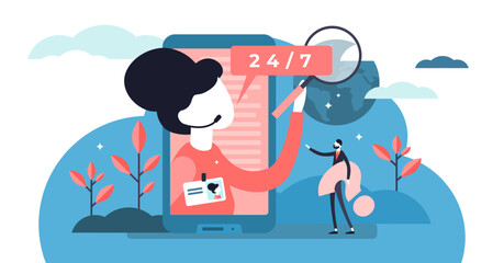 Assistant illustration, transparent background. Flat tiny helpline support persons concept. Professional occupation with headset and answers to client questions.