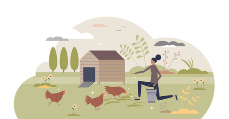 Backyard chickens farming and hens feeding with seeds tiny person concept, transparent background. Ecological domestic animal care for organic slow food illustration. Happy and ethical birds keeping.
