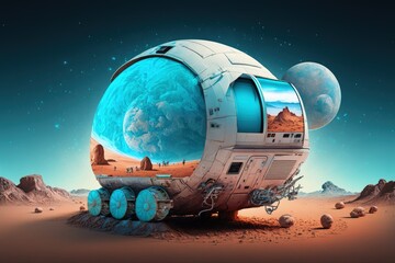 Fototapeta na wymiar Space travel, colonization, and technology are all depicted in this illustration on the subject of astronomy. Online billboard. It's a rover on Mars. Generative AI