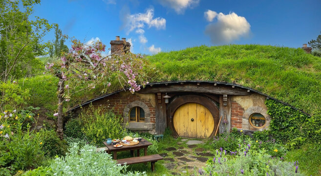 MATAMATA- NEW ZEALAND -NOVEMBER -2- 2022: Hobbiton - movie set created for filming the Lord of the Rings and "Hobbit" movies - Matamata, New Zealand,spring scene background