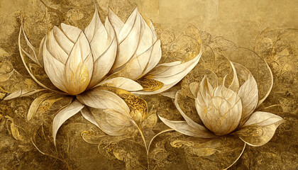 Luxurious golden, dark floral background. Flower design for wallpaper for prints, covers. 3d artwork. Generative Ai
