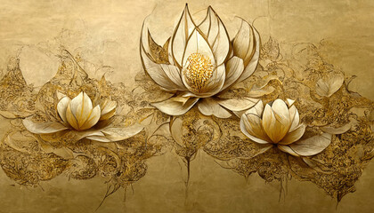 Surprising Luxurious background design with golden lotus, Lotus flowers line art design for wallpaper. Generative Ai