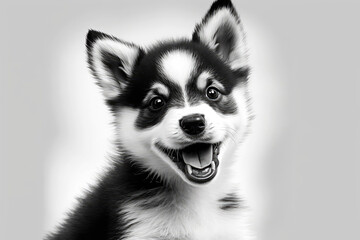 Purebred husky female puppy, black and white, laughing, isolated on white backdrop. Domesticated dog breed with a lopsided grin and erect ears. An adorable little puppy with wooly fur, striking a pose