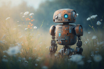 Fototapeta na wymiar adorable rusty broken down robot covered in flowers Generative AI