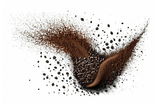 Ground coffee is produced from roasted coffee beans. isolation on white. Generative AI