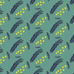Fototapeta na wymiar Mimosa pattern with different leaves on a light blue background. Suitable for fabrics, paper, packaging, wallpaper. Vector illustration of a pattern in a flat style.