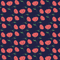 Fototapeta na wymiar The pattern of red poppies on a dark blue background. Suitable for fabrics, paper, packaging, and wallpaper. Vector illustration of a pattern in a flat style.