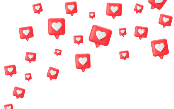 3d render red like icon set. Comment button. Social media bubble with heart. Love element. Share tag. Notice people. Chat speech communicate. Notification label. Emoji reaction. Vector illustration