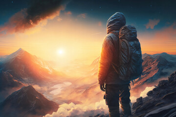 Hiker in the top of mountain wallpaper. Sunrise in the mountain. Ai generated