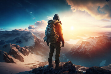 Hiker in the top of mountain wallpaper. Sunrise in the mountain. Ai generated