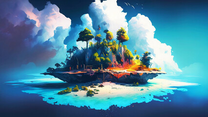 Island Paradise, Capturing the Beauty of an Island in the Sea, Painting. Generative AI.