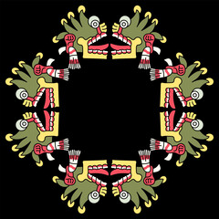 Geometrical ethnic frame with Aztec skulls with open mouths and tongues stick out. Native American symbol from Mexican codex. On black background.