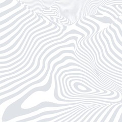 Psychedelic distorted lines backdrop. Abstract striped mountains pattern. Texture with wavy hills, curves stripes. Optical art background. Wave gray and white design. Vector