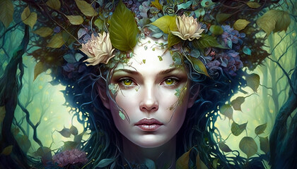 Beautiful dryad goddess in forest. Dryad goddess merging with a magical forest. Made with generative AI - obrazy, fototapety, plakaty