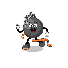 Mascot cartoon of wrecking ball running on finish line