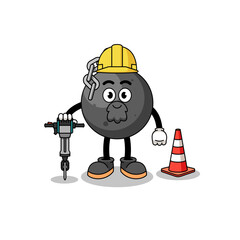 Character cartoon of wrecking ball working on road construction