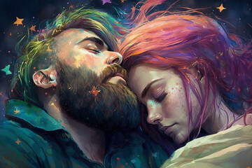 male with beard and female dressed in punk. colorful Generative AI