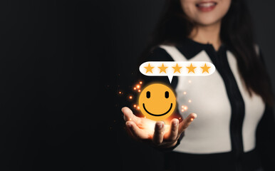 Customer service and Satisfaction concept,Businesspeople touching the virtual screen with the happy Smiley face icon and five star to give satisfaction in service,feeling good so happy,good review. ra - obrazy, fototapety, plakaty