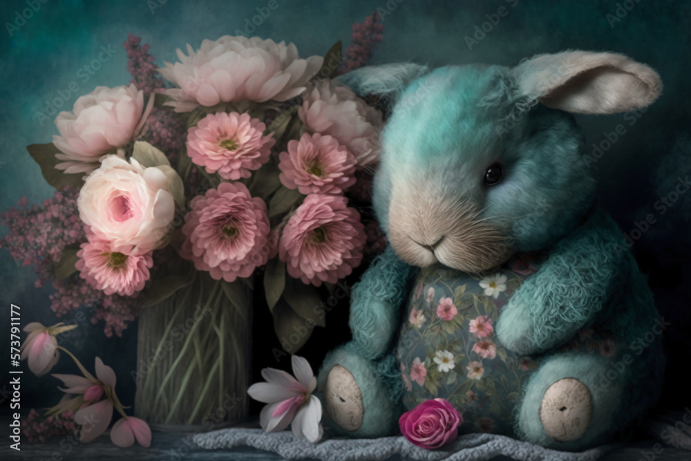 Wall mural shabby chic teal and pink flowers with fluffy realistic generative ai