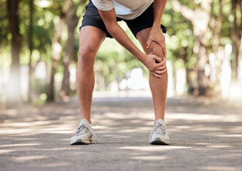 Hands, knee pain and legs injury at park after training, workout or exercise accident. Sports,...