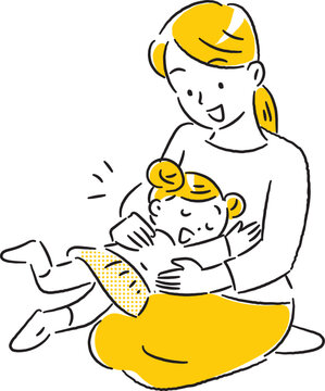 recommend clip art: 女の子を膝の上に乗せてスキンシップをする若いお母さん