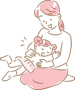 recommend clip art: 女の子を膝の上に乗せてスキンシップをする若いお母さん
