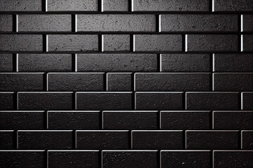 black brick wall gradient background for interior decoration. Black brick wall with red neon light with copy space. Lighting effect red color glow on brick wall background. black brick wall.