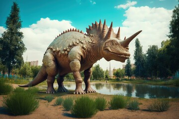 The Russian city of Belgorod May 27, 2021 On a bright summer day at Dino Park, a large Triceratops from the Jurassic period strolls through the trees. In a children's dino park, a stray lizard enjoys