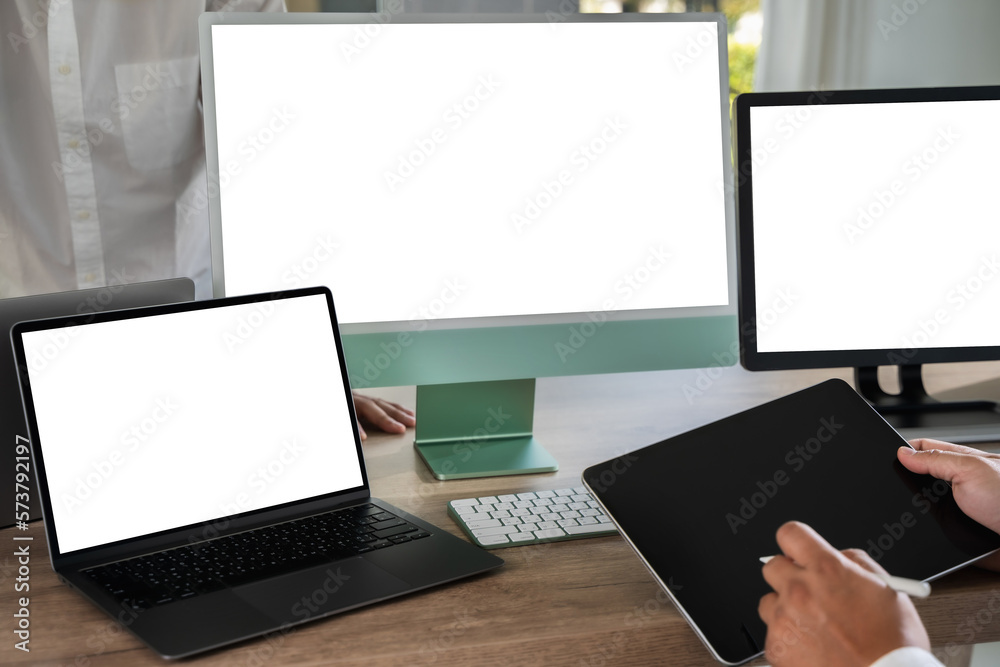 Poster a businessman is working on a mock-up. using a laptop with a blank copy space screen for your advert