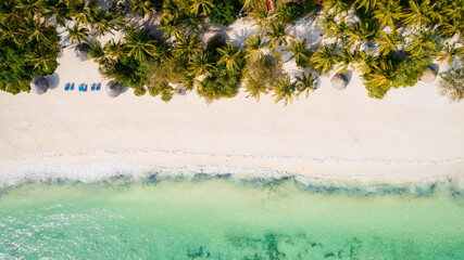 Fototapeta na wymiar This drone shot of Zanzibar's beach is a tropical paradise with palm trees, white sand, and crystal-clear waters.