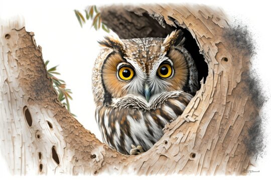 Otus scops, a species of owl native to Europe, skulking in a tree at dawn. A tiny owl emerges from the tree, its huge golden eyes wide. The Eurasian scops owl is a species of bird. Picture of wild ani