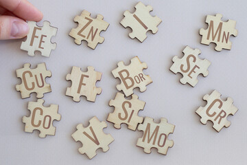 Set of puzzles with 13 most important trace elements with inscriptions on beige background. Fe, Zn,...