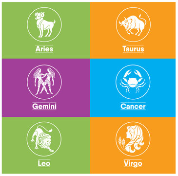 Set of zodiac signs icons. Aries, Leo, Gemini, Taurus, Scorpio, Aquarius, Pisces, Sagittarius, libra, Virgo, Capricorn, and cancer. Vector illustration