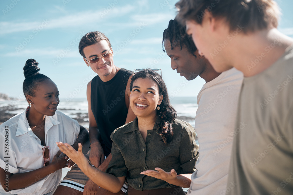 Poster Woman, talking and bonding friends by beach, ocean or sea in group social gathering, community trust or summer holiday vacation. Smile, happy and diversity people in travel location, relax or freedom