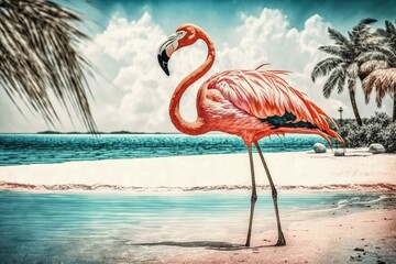 Beach flamingo in Aruba. Paradise at Flamingo Beach. Generative AI