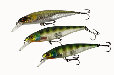 Solid spinning lures for catching predatory fish.Isolated on white.