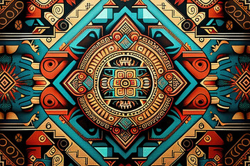 Aztec geometric pattern in traditional ornamental ethnic style. AI