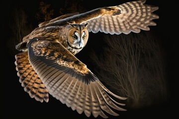 The owl is in midair. The Asio otus, or long eared owl, flies in under the moonlight and lands with its wings spread wide. Trapping a nocturnal predator in the dark woods. Stunning nocturnal bird of p - obrazy, fototapety, plakaty
