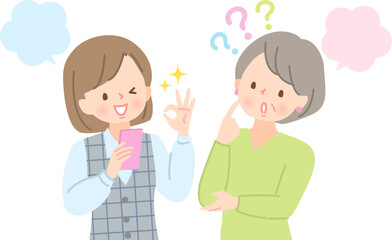 困っているシニア女性にスマホで検索して伝える若い女性