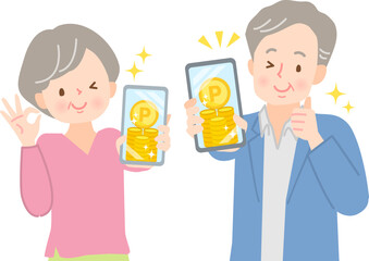 スマホでポイ活するシニア男女のイラスト素材