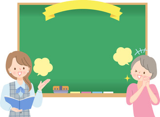 黒板で説明する女性と笑顔のシニア女性イメージイラスト