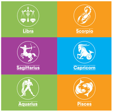Set of zodiac signs icons. Aries, Leo, Gemini, Taurus, Scorpio, Aquarius, Pisces, Sagittarius, libra, Virgo, Capricorn, and cancer. Vector illustration