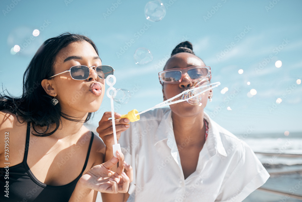 Sticker Friends, playing or blowing bubbles by beach, ocean or sea in summer holiday, travel vacation or bonding activity. Women, people or students and soap wand or toy in fun game, freedom or social break