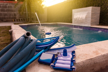 Swimming pool cleaning and maintenance kit, image of pool cleaning and maintenance kit, vacuum...