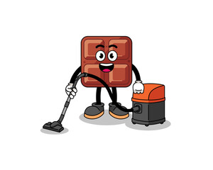 Character mascot of chocolate bar holding vacuum cleaner