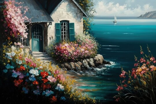 oil painting of a summer seascape featuring a home by the water and brightly colored flowers. Generative AI