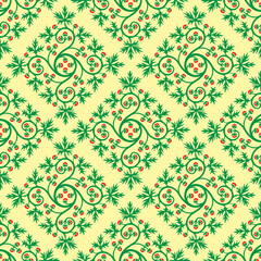 Seamless repeatable pattern. Leaves and flowers. Modern geometric Folk style. Colorful and smart graphic design. Vector EPS10. 