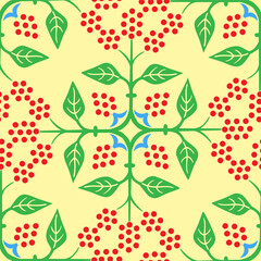 Seamless repeatable pattern. Leaves and flowers. Modern geometric Folk style. Colorful and smart graphic design. Vector EPS10. 